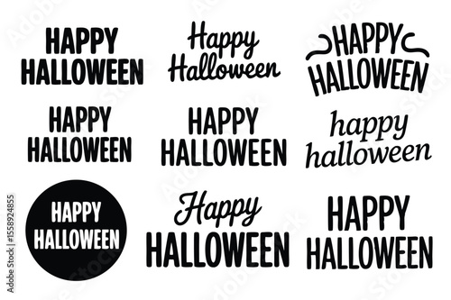 Nine Black and White Happy Halloween Text Designs on White Background, Various Fonts