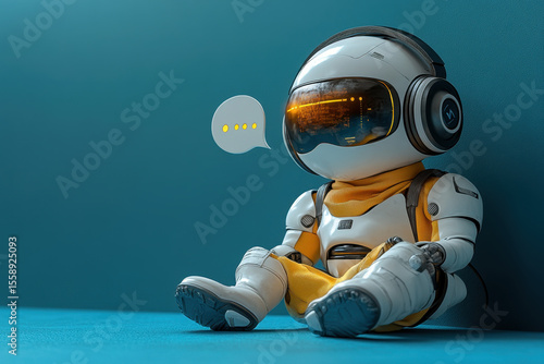 Robot sitting on floor, wearing headphones.