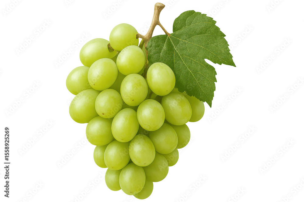 Obraz premium Close-up of a bunch of ripe green grapes with a leaf, isolated on a transparent background, ideal for food and beverage projects