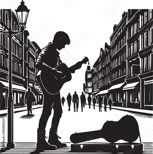 Street musician plays guitar for passersby on busy city street.Silhouette of a Street Musician Playing Guitar for Passersby on a Busy City Street. new 2025 trendy.