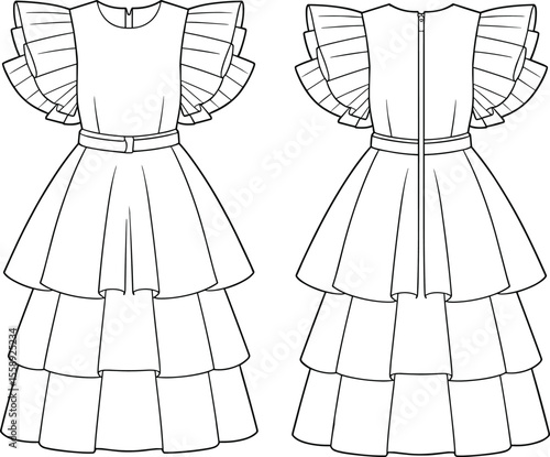 Tiered ruffle sleeve maxi dress flat sketch, front and back view, technical fashion cad drawing vector illustration for clothing design