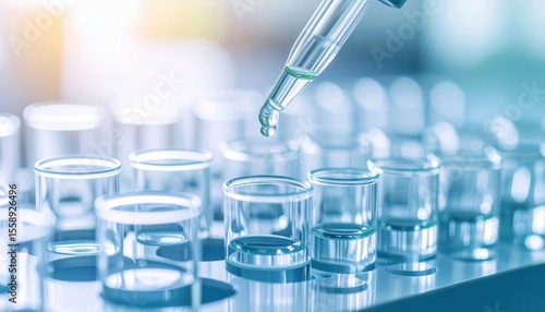 A close-up of a pipette dispensing liquid into glass test tubes in a laboratory setting with a bright, clean background.