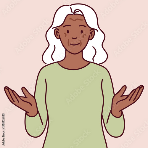 Dark skinned elderly woman raises arms and looks uncomfortable in hot indoor space. She suffers from summer heat without cooling