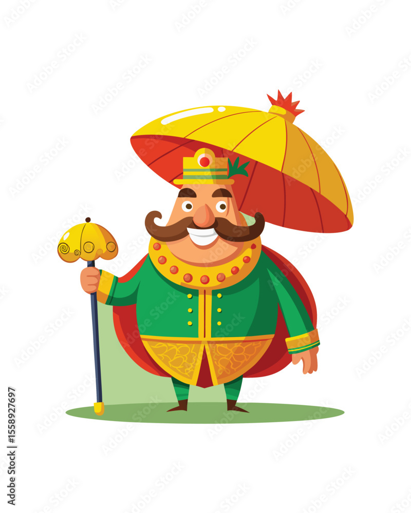 Fototapeta premium Cartoon King Character - Royal Attire with Umbrella and Staff