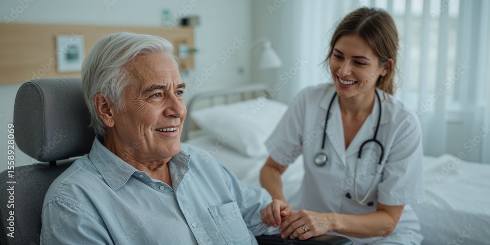 Obraz premium A smiling senior man in a wheelchair talking to a cheerful nurse in a bright hospital room setting