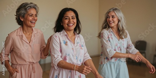 Three smiling women with gray hair in patterned shirts stand together indoors in a light filled room