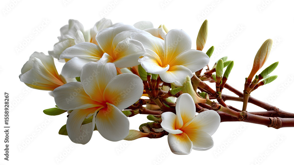 Fototapeta premium Tropical Floral Delight: A cluster of delicate white and yellow plumeria blooms in full view, their intricate petals radiating freshness and tropical charm.