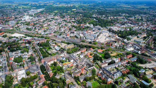 Aerial view of the old town of the city Neumünster in Germany on an overcast day in afternoon