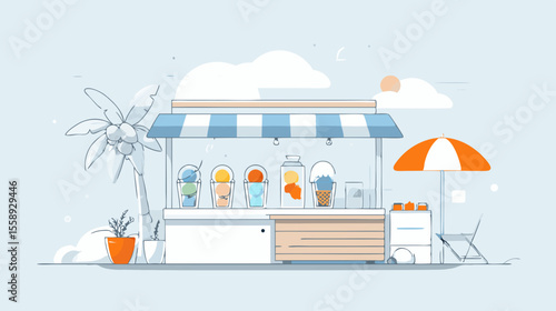 Colorful ice cream stand illustration featuring various flavors in clear containers, surrounded by palm trees and beach elements, creating a vibrant summer background