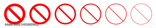 Collection of red prohibition signs with diagonal lines in circular outlines. Vector icons representing no entry, restricted access, forbidden zones, or general prohibition warnings.