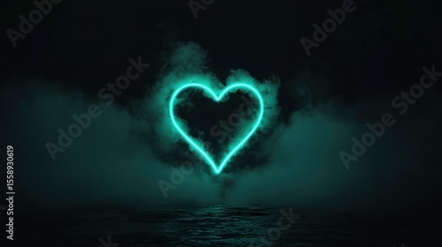 A glowing neon heart is framed by moody atmospheric mist