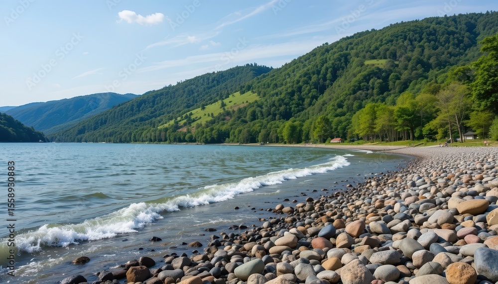 Fototapeta premium Calm Lake Shore with Pebbles and Green Forest Mountains