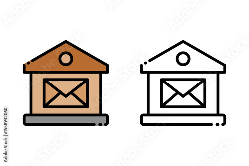 Flat and outline icon of a post office building featuring an envelope symbol. icon represents mail services or postal facilities. Ideal for courier service , delivery, postal company vector graphic