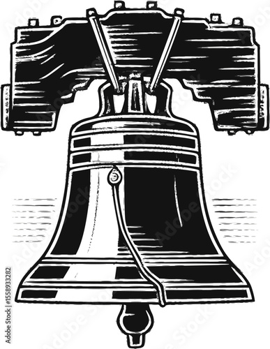 A woodcut illustration of the Liberty Bell, a significant American historical artifact.