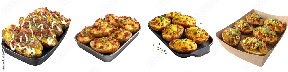Loaded Potato Skins: Appetizer Collection on White Background Loaded Potato Skins: Appetizer Collection on White Background