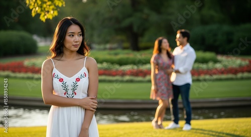 A young woman is feeling jealous seeing a romantic couple in the park