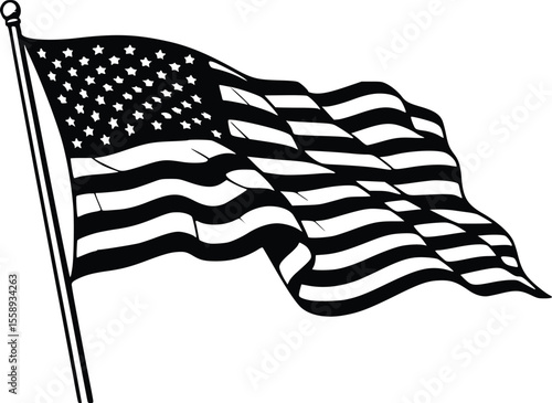 Black and white illustration of the American flag waving in the wind, showing stars and stripes.