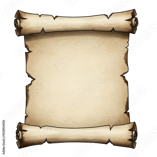 open treasure map style parchment scroll with burned edges isolated on white background