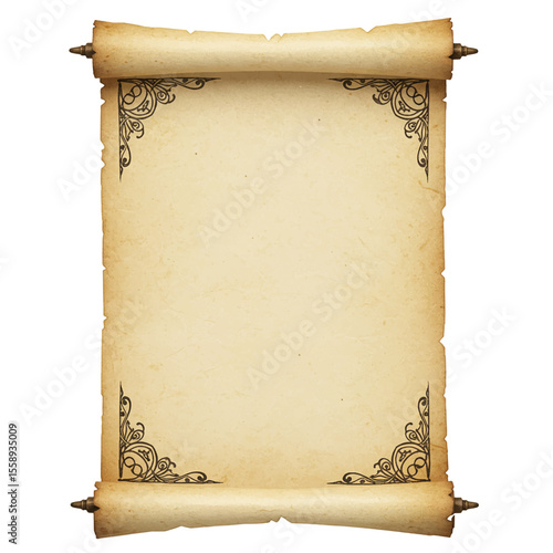 empty ancient parchment scroll for text or design mockup isolated on white background 