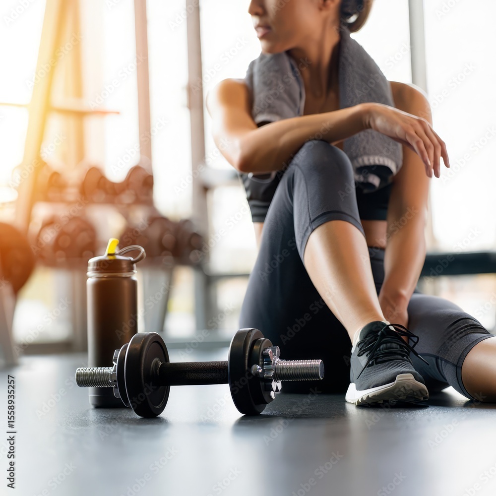 Naklejka premium Woman resting after a workout in the gym
