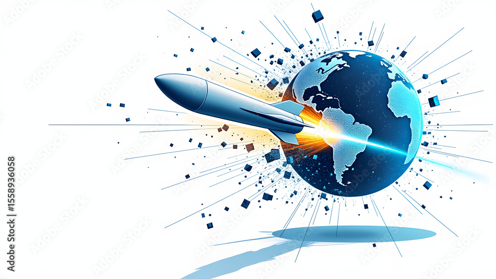 Missile striking Earth with explosive impact and dynamic energy in modern illustration showing power and destruction Missile striking Earth with explosive impact and dynamic energy in modern illustration showing power and destruction