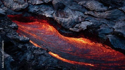 Flowing red hot Lava river through dark volcanic rock, depicting raw power and natural landscape