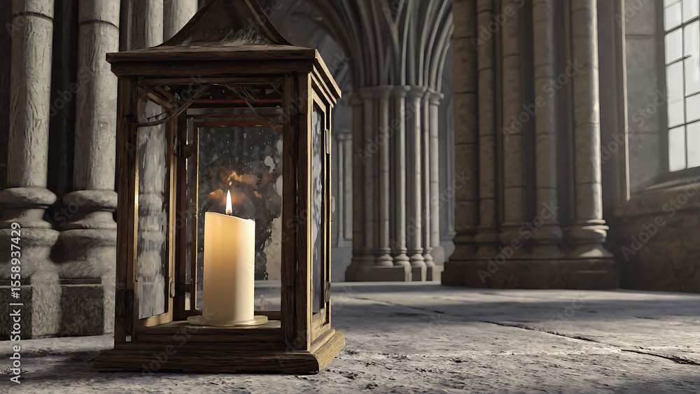 Naklejka premium An old lantern with a candle glows in a stone cathedral, creating a peaceful atmosphere.