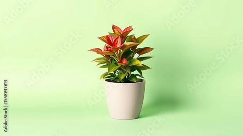 Ai generated image of a vibrant houseplant with redtinged leaves sits in a simple white pot against a soft green background, bringing a touch of nature indoors with its radiant colors