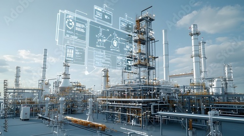 A large scale industrial refinery complex with a network of pipelines equipment