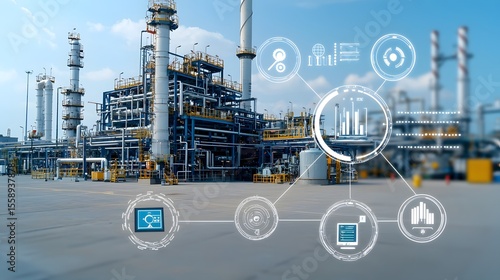 High tech digital control system operated by technicians overseeing complex fuel processing with real time analytics and futuristic interfaces at a large scale industrial refinery facility