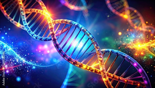 Colorful DNA Strand with Genetic Science, and Biology Background.