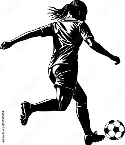 A silhouette illustration of a female soccer player viewed from behind, actively dribbling the ball forward, Women's Footballer Controlling the Ball
