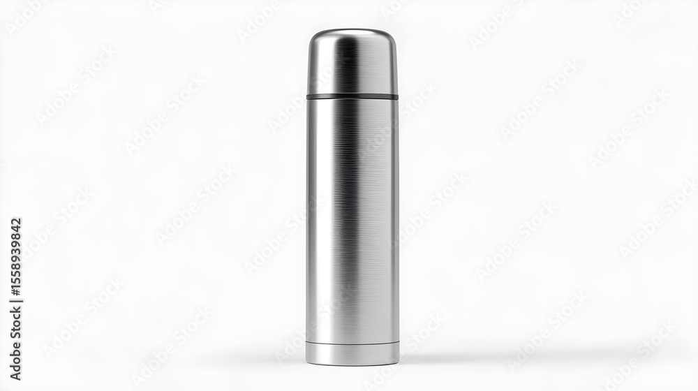 Sleek Silver Metal Thermos Bottle Isolated on White Background Sleek Silver Metal Thermos Bottle Isolated on White Background
