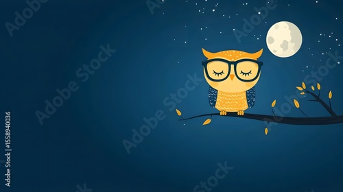 A cute cartoon owl wearing glasses sits on a branch surrounded by autumn leaves against a starry night sky with a bright moon in the background creating a whimsical and cozy atmosphere