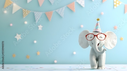 Cheerful and whimsical cartoon elephant wearing oversized glasses and a small party hat set against a colorful celebratory background with festive banners and