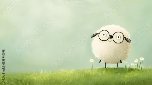 Adorable fluffy cartoon sheep with oversized circular glasses standing in a serene grassy meadow with soft pastel tones