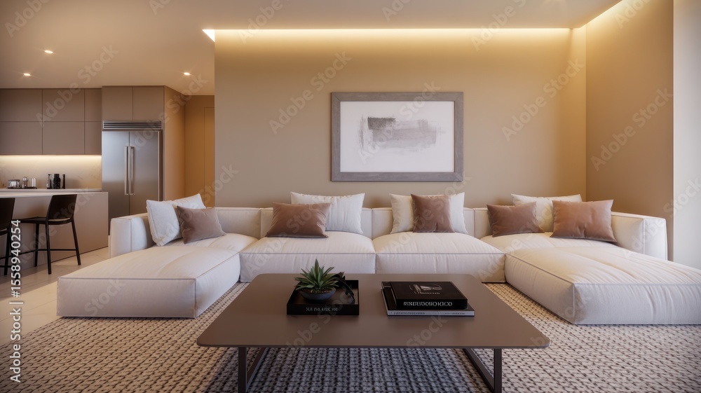 Fototapeta premium A living room with a large white sofa, a coffee table, and a kitchen in the background