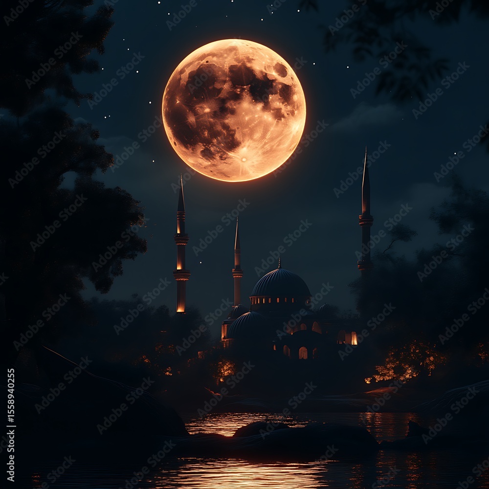 Obraz premium Night scene mosque, full moon