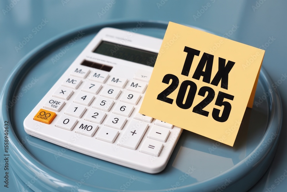A calculator with a yellow sticky note on top that says tax 2025 on a blue round surface A calculator with a yellow sticky note on top that says tax 2025 on a blue round surface