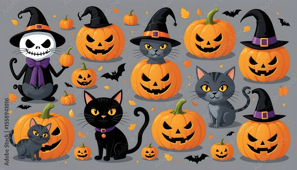 A vibrant Halloween-themed illustration featuring a playful arrangement of whimsical pumpkins styled A vibrant Halloween-themed illustration featuring a playful arrangement of whimsical pumpkins styled