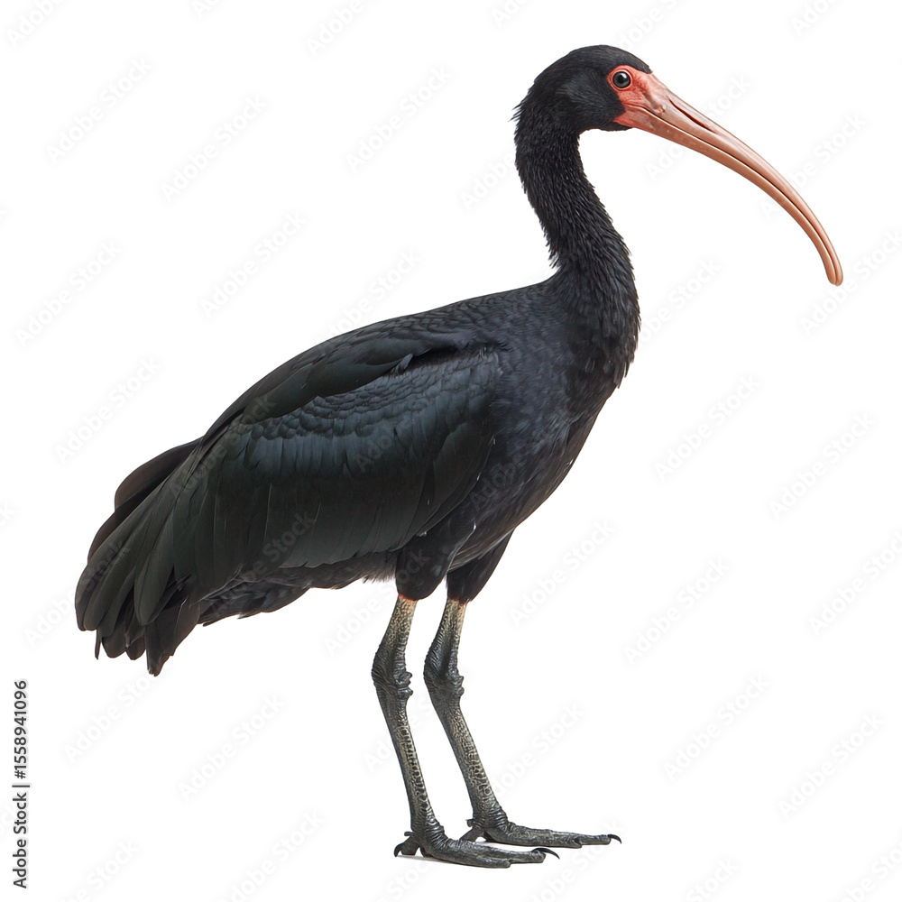 Obraz premium Black ibis bird profile view long neck long beak dark feathers legs talons