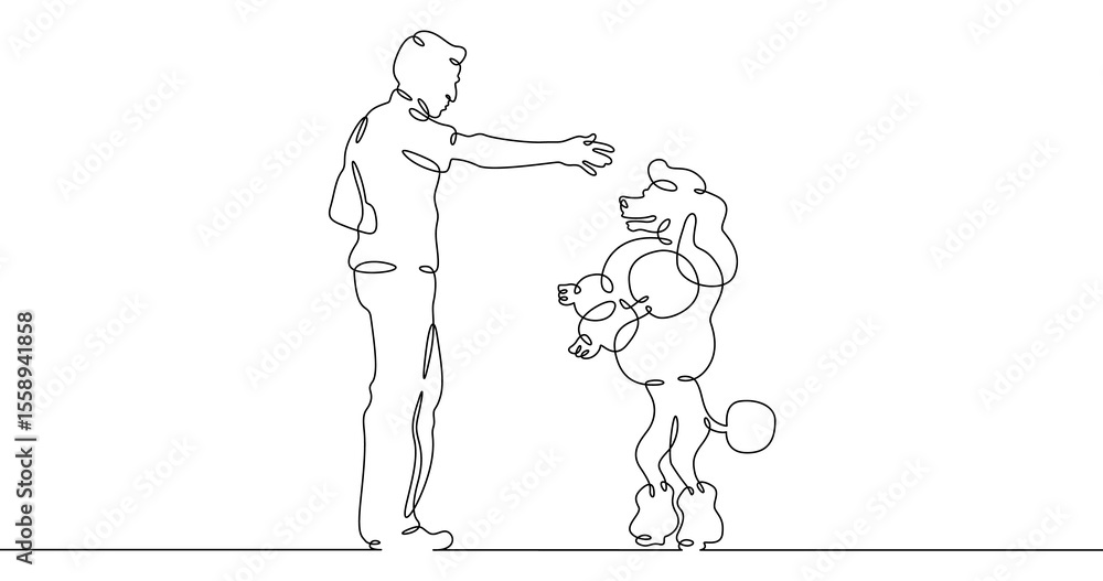 Obraz premium Continuous one line drawing trained dog. Animal trainer. Circus artist with a dog. Circus. One continuous line isolated minimal illustration.Not AI.