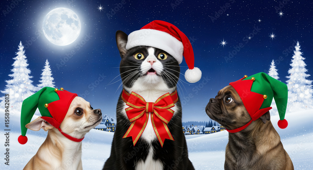 A Cat and Two Dogs Wearing Christmas Hats in a Winter Landscape Under a Full Moon. A Cat and Two Dogs Wearing Christmas Hats in a Winter Landscape Under a Full Moon.