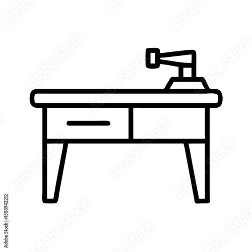 Workshop table with drawer and vise in minimalist line art  
