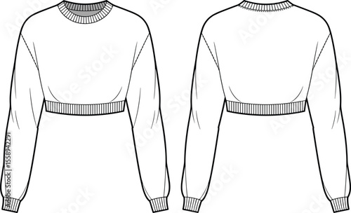Stylish Women's Cropped Sweatshirt Fashion Flat Sketch Design, Casual Long Sleeve Crew Neck Top Technical Drawing, Trendy Apparel Mockup Template
