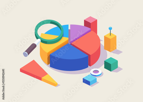 Wallpaper Mural Isometric 3D Pie Chart Data Analysis with Magnifying Glass Torontodigital.ca