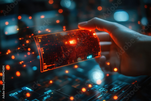 Hand holding a glowing red light credit card.