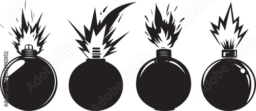Bomb with burning fuse flat icon set vector illustration on white background.