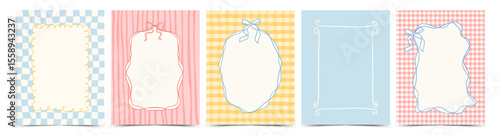 Whimsical hand drawn vintage frames. Colorful checkered and striped borders with wavy lines, bows, ribbons. Vector template for poster, banner, birthday, invitation, card, menu.