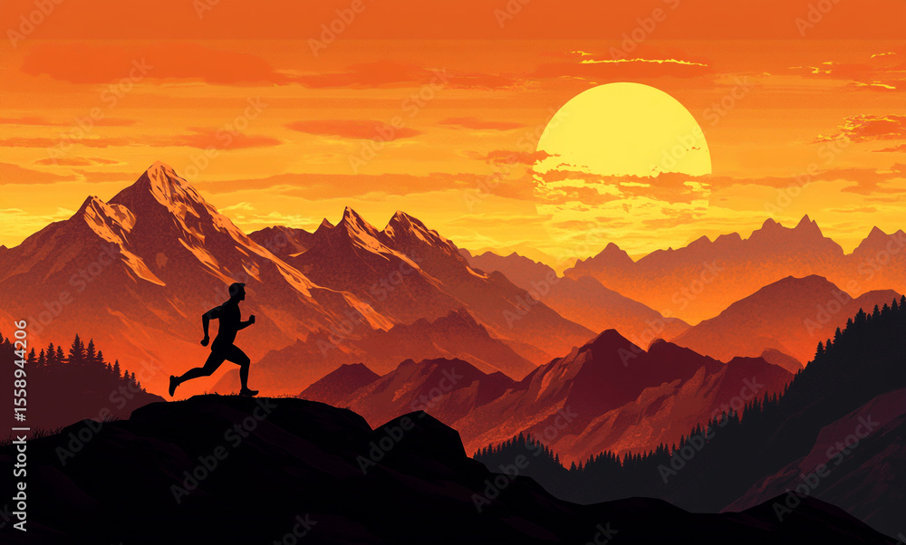 Fototapeta premium A silhouette of a person runs uphill against a vibrant orange and yellow sunset. Majestic mountains and dark trees frame the scene, depicting determination.